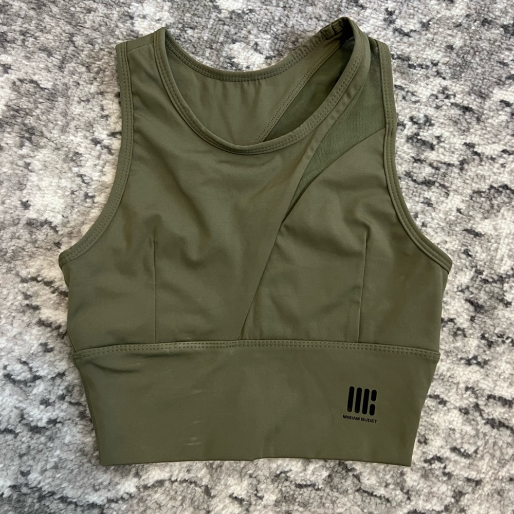 Miriam Budet Purto Rican Designer Olive Green High Neck Mesh Cut Out Sports Bra